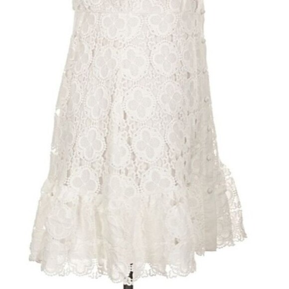 DESIGNER AQUA WHITE LACE HALTER NECKLINE RUFFLE HEM SLEEVELESS DRESS SIZE LARGE - Picture 11 of 16